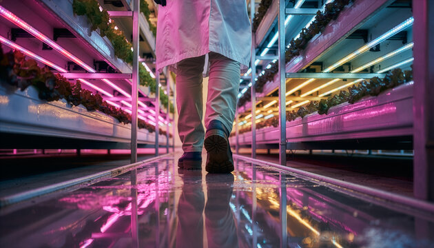 Low-angle view of scientist walking in a high-tech vertical farm with LED lights