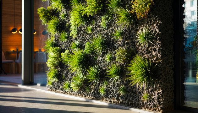 Vibrant living wall with succulents and trailing plants at building entrance