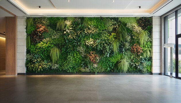 Vast living wall in a contemporary interior with biophilic design