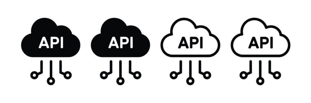 API Vector Icons Set presenting cloud API collection, software integration illustration signs, application connectivity symbols, developer technology graphics, isolated vector design elements