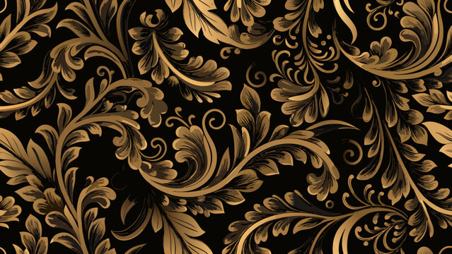 Ornate floral ornament a seamless vector pattern with swirling leaves and golden flourishes on a black background acanthus