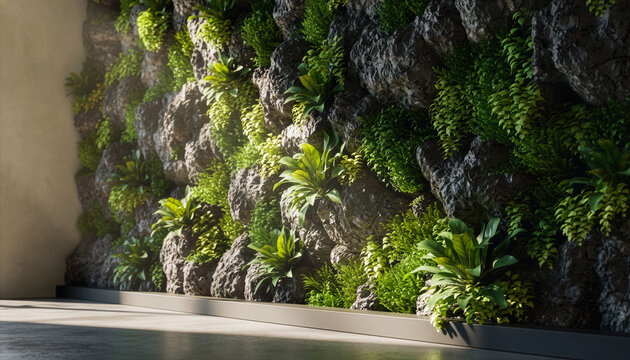 Interior rock wall adorned with thriving green ferns and plants