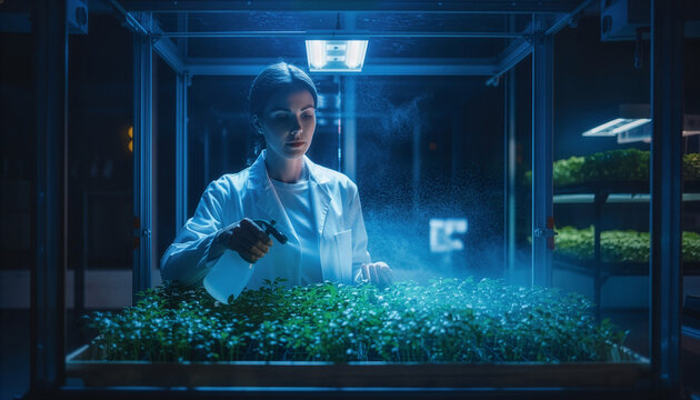 Female scientist misting seedlings under blue LED lights in indoor farm