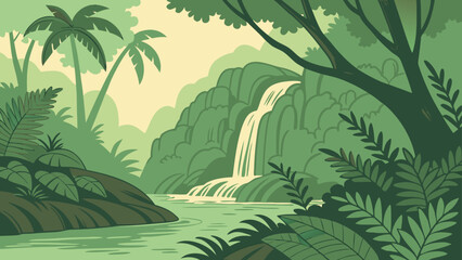 Deep rainforest waterfall with lush green foliage waterfall rainforest © Kya