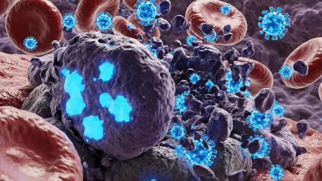 3D medical illustration of blue oncolytic viruses attacking and destroying purple malignant cancer cells within a tissue environment containing red blood cells and blood vessels.