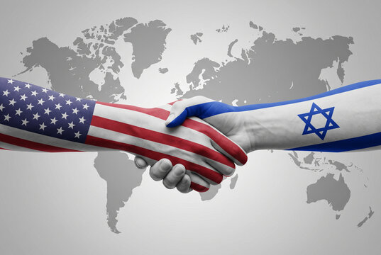 米国とイスラエルの国旗を象徴する握手による外交関係イラスト