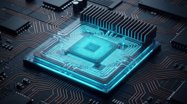 Glowing blue microprocessor on black circuit board with copper traces, computer hardware, cpu chip, semiconductor technology, data processing.
