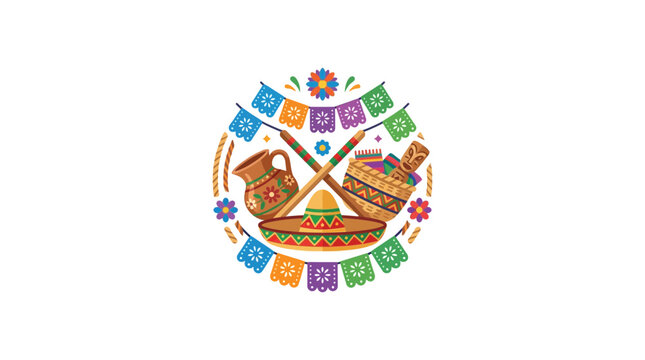 Mexican Fiesta Celebration Icons: Sombrero, Jarra, Maracas, Papel Picado Banner