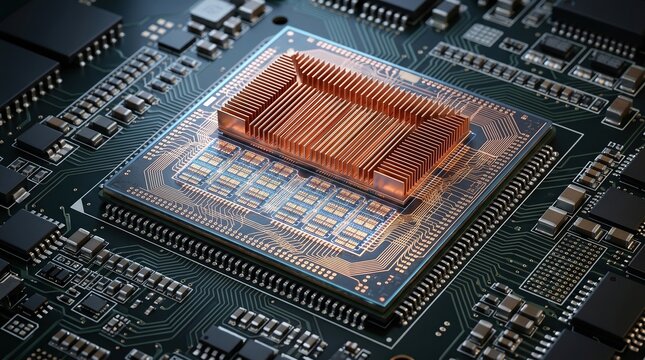 Close up of a powerful computer processor with a copper heatsink on a dark green circuit board, modern hardware technology.