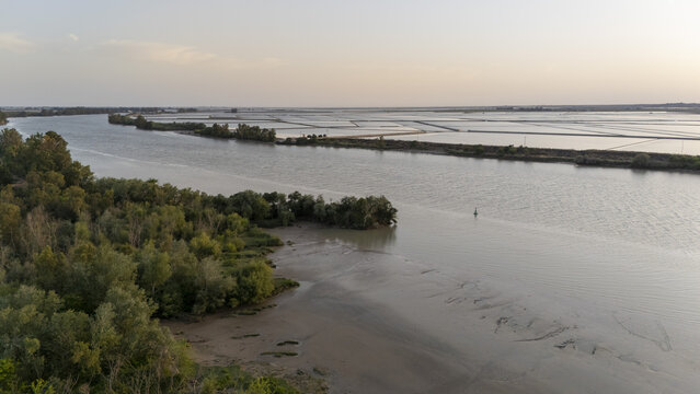 Aerial view of the Guadalquivir river flowing past lush green riverbanks and vast agricultural fields under a soft sunset sky in Coria del Rio, Andalusia, Spain.