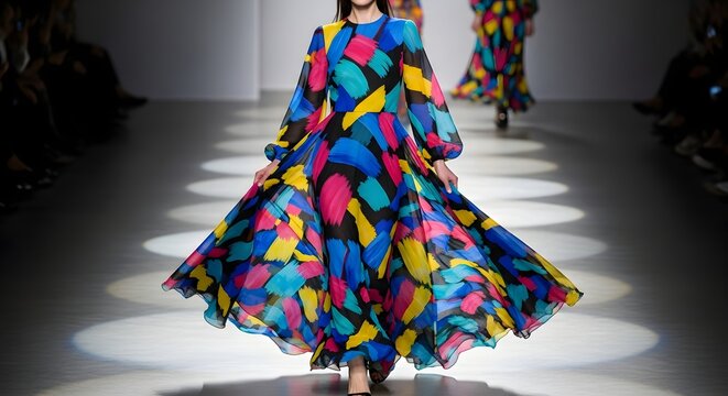 A model gracefully walks wearing a long flowing dress featuring vibrant brushstroke patterns in bright blue pink and yellow colors