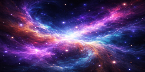 A deep space background filled with a dark cosmic nebula, bright stars, and abstract blue light across the vast outer universe © StockVista Creations