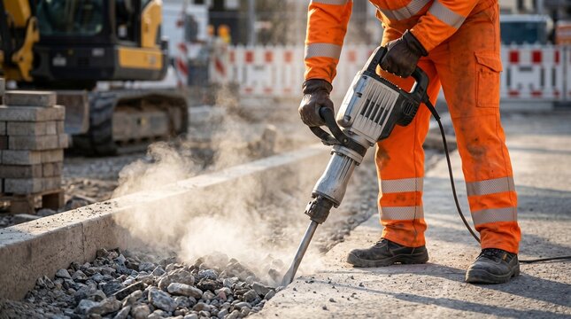 Construction worker uses jackhammer to break concrete pavement on a sunny day at an urban road improvement project site