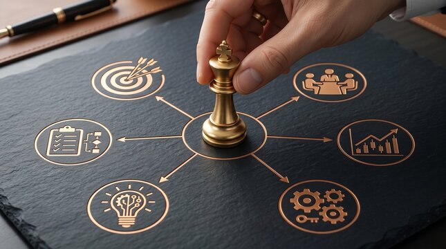 A person places a golden king chess piece on a slate board featuring business strategy icons for corporate planning success