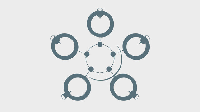 Networked Circles: A clean, minimalist graphic representation of interconnected circles forming a star-like pattern, symbolizing connection and collaboration in a modern design.