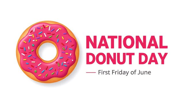 National Donut Day text animation with a pink glazed donut and colorful sprinkle art