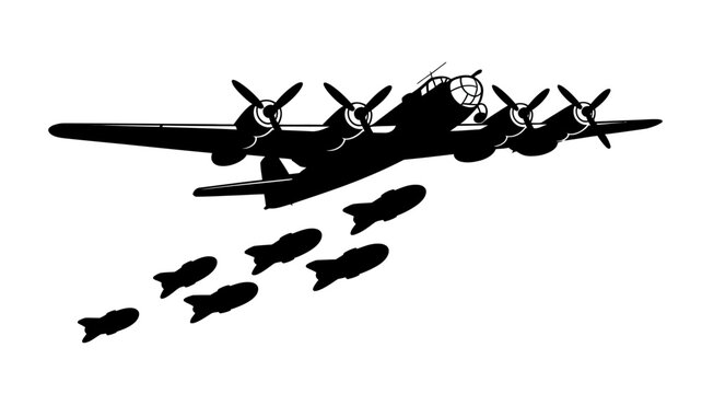 Vintage Bomber Dropping Bombs: A silhouette of a vintage four-engine bomber aircraft in flight, releasing a cluster of bombs towards a target below.