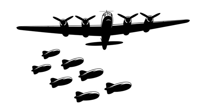 Vintage Bomber Dropping Bombs: A silhouette of a vintage four-engine bomber aircraft is shown from directly above, dropping a cluster of bombs.