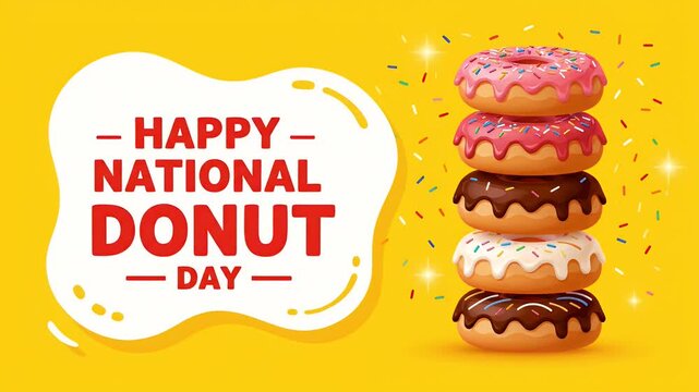 National donut day celebration with a stack of glazed donuts on a yellow background.