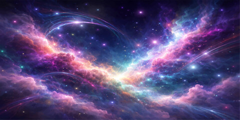 An abstract outer space background featuring a bright galaxy nebula with glowing stars, dark cosmos clouds, and deep blue light illustration across the dark night universe © StockVista Creations