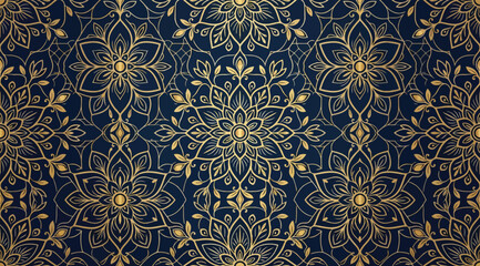 Seamless luxury gold floral mandala pattern on dark blue background © S.Siam