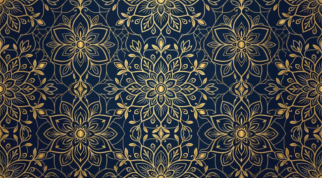 Seamless luxury gold floral mandala pattern on dark blue background