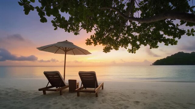 Serene coastal retreat with lounge chairs and umbrella at sunrise, reflecting tranquility, beauty, and relaxation in nature&rsquo;s peaceful embrace