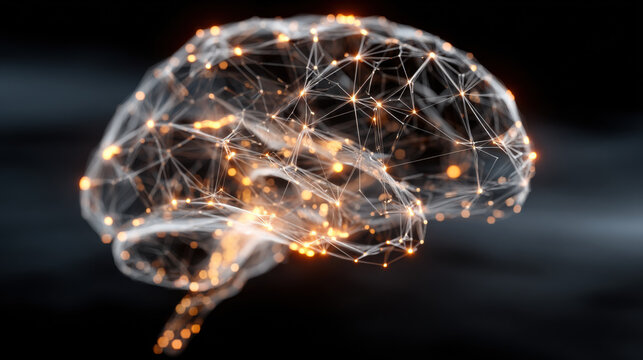 Representation of a human brain made of glowing lines and dots against a dark background showing neural connections and activity