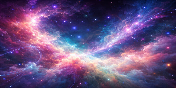 A deep outer space background featuring a dark blue cosmos filled with bright stars, a fantasy nebula cloud, and a distant galaxy planet illustration