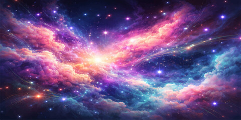 An abstract cosmos background showcasing the deep universe with a bright galaxy nebula, shining stars, and alien planets amidst the dark night sky © StockVista Creations