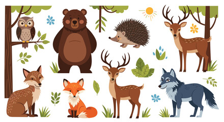 Obraz premium Adorable collection of stylized forest animals including a bear, deer, fox, wolf, owl, and hedgehog in a natural woodland environment.