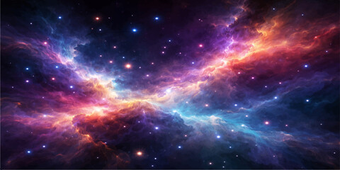 A vast and mysterious space nebula glows with the brilliant light of distant stars and cosmic dust, creating a dark, fantasy-inspired texture across the infinite astral galaxy of the universe © StockVista Creations