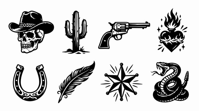 Western cowboy icons set featuring skull cactus revolver flaming heart horseshoe feather compass star snake tattoo emblem graphics