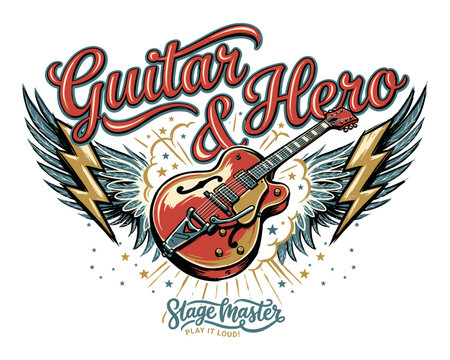 Guitar legend vintage rock and roll design. Stage master music print for t shirt poster sticker. Play it loud graphic artwork.
