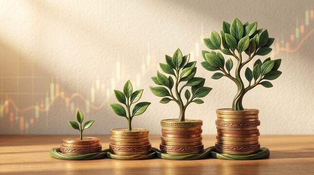 Four small trees growing from stacks of gold coins, symbolizing financial growth and investment with a stock market graph in the background.