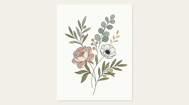 Colorful flowers with green leaves drawing.