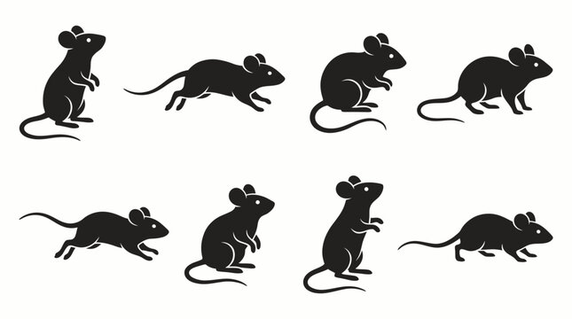 Collection of stylized black mouse silhouettes in diverse poses for artistic design, biological illustration, animation reference, and creative visual projects