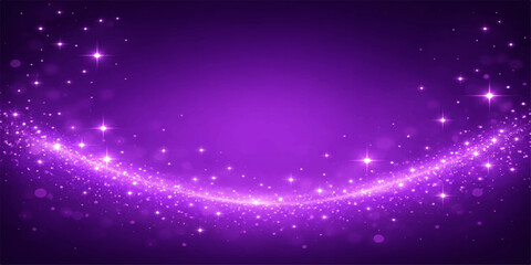 An abstract glowing light background featuring a dark purple and blue galaxy sky with shiny stars, magical particles, and a festive holiday design illustration © StockVista Creations
