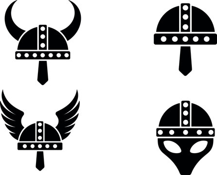 Viking helmet icon collection, Norse warrior vector symbols for mythology, medieval history and fantasy design projects