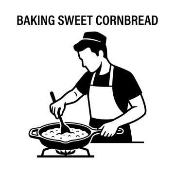 Chef stirring cornbread batter in a cast iron skillet on a stove.