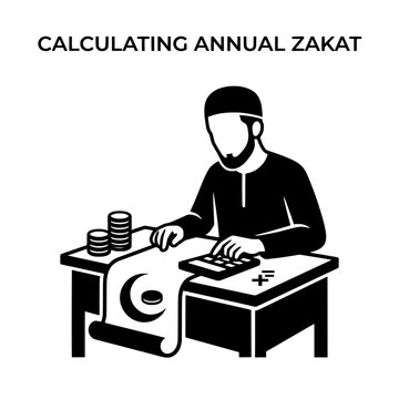 Muslim Man Calculating Zakat with Coins and Calculator on Desk.