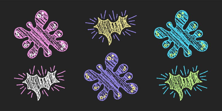 Hand drawn chalk comic splats and speech forms on blackboard with bright scribbles.