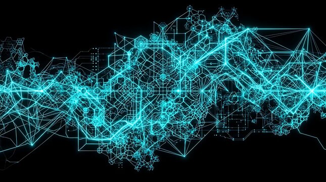Abstract futuristic neural network data flow with glowing electric fractal waves in dark cyber space