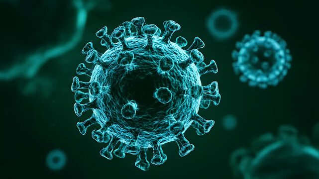 coronavirus cell rotating in a dark blue microscopic environment with depth of field