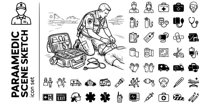 Paramedic Emergency Scene Sketch Black White-Trauma Bag Oxygen Mask Assess-EMS Vector-Paramedic Icon Sketch-EMS Design Set