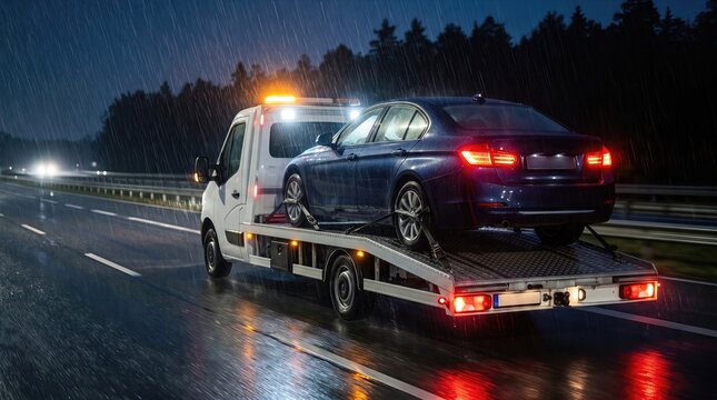 Towing vehicle transporting a blue sedan on a flatbed truck during heavy rain at night on a highway with illuminated road signs and distant vehicles