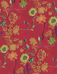 Fototapeta premium Detailed traditional botanical seamless pattern featuring intricate floral motifs, vines, and hidden wildlife elements on vibrant backgrounds.
