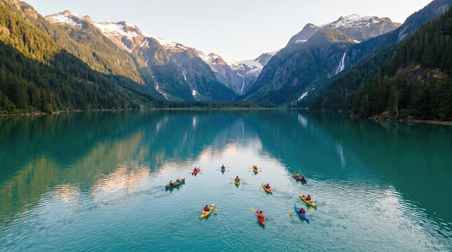 Group of diverse kayakers paddling on turquoise glacial lake surrounded by majestic mountains, representing adventure travel, outdoor recreation, and team building