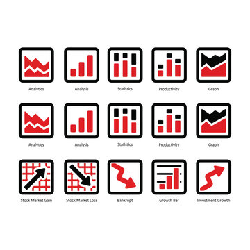 Collection of business and finance related graph icons featuring analytics statistics productivity and stock market trends presented in a clean modern style