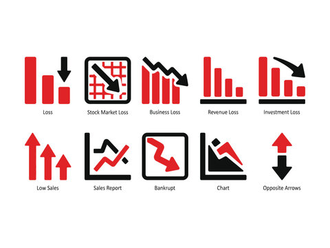 Collection of Business and Financial Performance Icons Representing Loss and Growth Trends